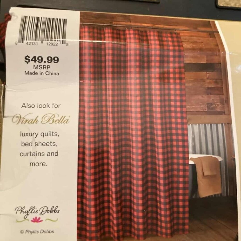 BUFFALO PLAID PRIMITIVE RED 72" SHOWER CURTAIN HOOKS BLACK CHECK 13 PC SET